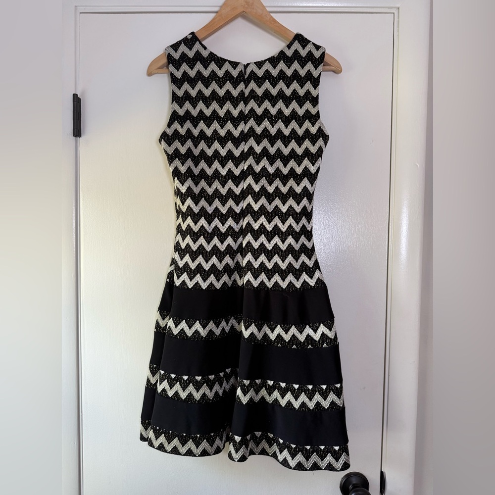Betsy & Adam Metallic Fit & Flare Dress Chevron Print Stripe Black Silver Gold 8 - Picture 9 of 11